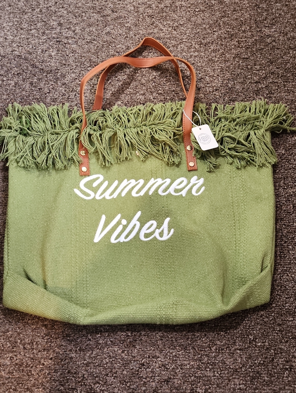 Green Fringe Tote Bag with "Summer Vibes" Script